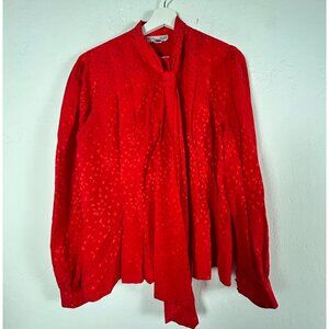 Adrianna Papell Womens Red Geometric Silk Pleated Bow Tie Neck Blouse Size 10